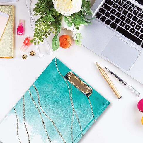 Cute Clipboard Folio - Professional Padfolio Includes Lined Notepad - Pen Loop and Interior Storage Pocket - Stylish Teal Watercolor and Gold Design Clip Folio with Gold Clip. in Kuwait