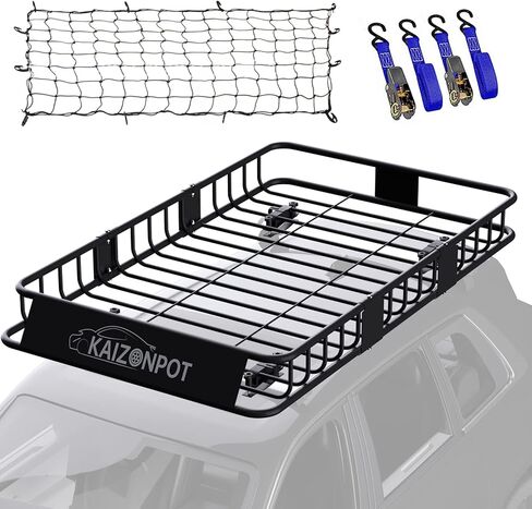 سلة سقف KAIZONPOT مقاس 64 بوصة × 39 بوصة × 6 بوصة، سلة شحن بغطاء ثقيل بوزن 250 رطل، رف شحن عالمي على السطح مع أشرطة سقاطة وشبكة in Kuwait