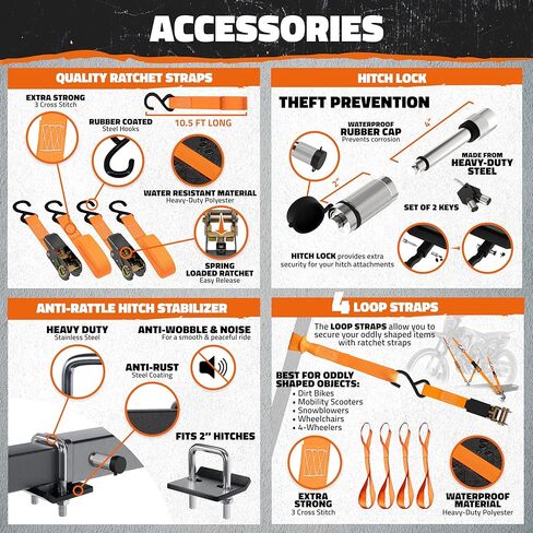 قبعة موكينز 500 رطل. مجموعة حامل وصلة وصلة حامل الدراجة النارية | حامل وصلة وصلة للدراجة الترابية شديد التحمل مقاس 83 بوصة | حامل دراجة ترابية للإطارات حتى 5.5 بوصة عرض| حامل وصلة ربط الدراجة النارية ومنحدر الدراجة الترابية للشاحنة أو السيارة أو سيارات ال in Kuwait