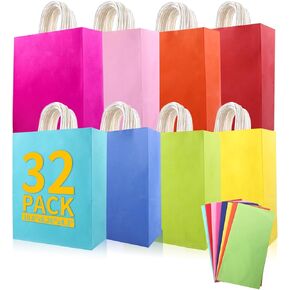 EIOFG Packaging 32-Pack Gift Bags 8 Color with Tissue Paper, 10.6"x8.26"x4.3" Medium Kraft Paper Bags with Handles, Birthday Gift Bag Bulk, Multiple Daily Use