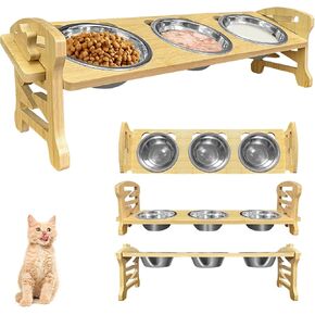 Elevated Cat Bowls 15° Tilted : 3-Pack Stainless Steel Food Bowls with Bamboo Stand - Anti-Overflow, Dishwasher Safe, 6 Adjustable Heights and Whisker Fatigue Relief for Indoor Cats