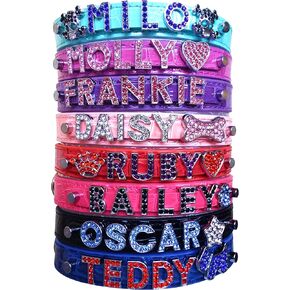 Rhinestone Diamante Jewelry Gems Personalized Custom Name Croco PU Leather Collars w/Charms XS, S, M, L Dogs, Large Cat, Hot Pink Purple Red Blue