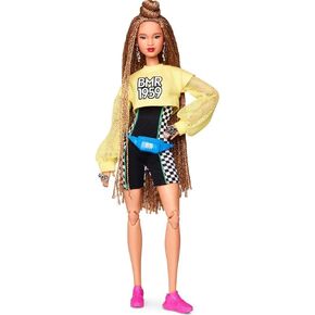 Barbie BMR1959 Fully Poseable Fashion Doll with Braided Hair, Wearing Bike Shorts Romper and Cropped Sweatshirt, with Accessories and Doll Stand