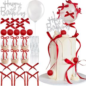 49 PCS Bow Cake Topper Ribbon Cake Topper with Happy Birthday Sign Coquette Themed Party for Birthday Wedding Anniversary Party Supplies (Red)