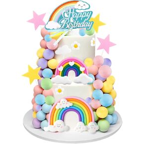 81PCS Rainbow Cake Topper Boho, Hippie Pastel Balls for Birthday & Wedding, Groovy Cake Decorations Party Supplies