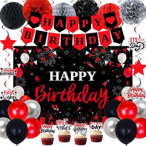 Birthday Decorations Red Black, Happy Birthday Party Decorations for Men Women Boys Girls, Happy Birthday Banner, Birthday Backdrop, Balloons, Pompoms, Hanging Swirls, Cards, Cake Toppers Set 54pcs