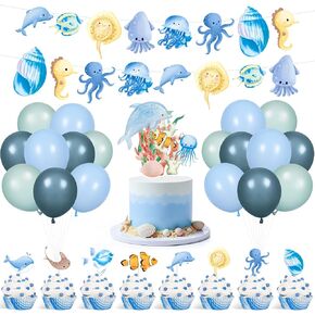 Ocean Themed Birthday Party Decorations for Baby Shower Under the Sea Party Supplies Include Sea Animals Banners Cake Cupcake Toppers and Balloons for Kids Boys Girls Ocean Theme Party Supplies