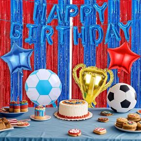 Soccer Theme Birthday Party Supplies Include Fringe Curtains Tinsel, Balloons Banner, Soccer Theme Birthday Decorations