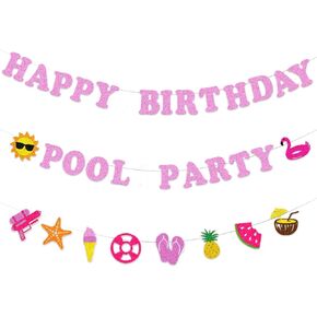 Glitter Pool Birthday Party Banner, Happy Birthday Banner for Pool Party Decorations (Blue)