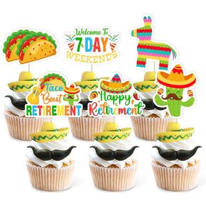 JOYMEMO 36Pcs Taco Bout Retirement Cupcake Toppers, Mexican Fiesta Happy Retirement Party Decorations, New Adventure Begins Welcome To 7 Day Weekends Cake Decorations Supplies