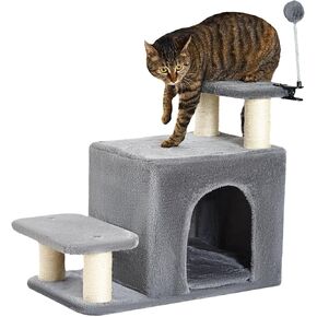 Happi N Pets Dog Stairs with Cat Scratching Post & Large Condo, Stable Pet Steps for High Beds Couch, 3 Combinations Cat Ramp Tree Tower for Cats or Small Dogs, Removable Cushion & Bonus Toy, Gray