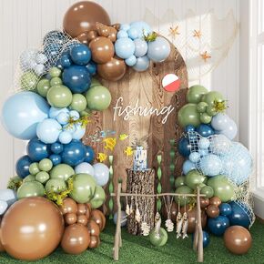 CROSSFINGERS Fishing Blue and Sage Green Balloon Arch Garland Kit, 149pcs Light Blue Brown Gray Balloons Different Size for Fishing Theme Birthday Baby Shower Party Decorations