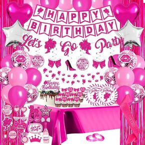 Pink Birthday Party Decorations for Girls - (Total 85pcs) pink Glitter happy birthday Banner for her, Hanging Swirl, Foil Backdrops, balloons, Pink birthday Decor for 10th 13th 16th 18th 21st