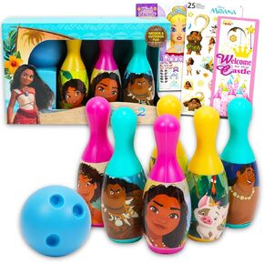 Disney Moana Bowling Toy Activity Set Playset Bundle with Moana 2 Bowling Pins Plus Stickers, More | Moana Outdoor Games for Boys, Girls
