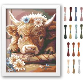 FREEBLOSS Cross Stitch Kit Highland Cattle Stamped Cross Stitch Kit Cross Stitch Wall Hanging for Adults with Instructions Pure Cotton Cloth Cross Stitch for Beginnrs 15.7 * 19.7'' No Frame