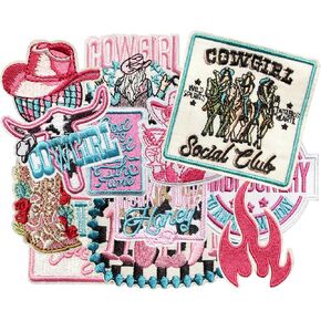 12PCS Cowgirl Iron on Patches, Funny Pink Cute Western Country Howdy Meme Boots Embroidered Badges for Clothes, Applique for Shirts, Trucker Hats, Jeans, Jackets, Bags, Dress