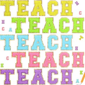 25 Pcs 2.1 in Self Adhesive Teach Iron on Patches Sew on Chenille Letter Patches Glitter Colorful Teach Embroidered Applique for DIY Cloth End of The Year Teacher Gifts Decoration