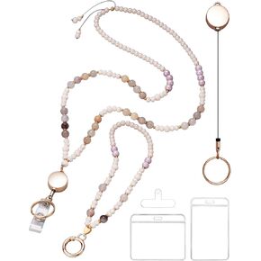 5-Piece Beaded Teacher Lanyard Set with Badge Reel, Phone Strap, 2 Card Holders & Adhesive Patch, Retractable ID Badge Holder for Women, Keychain Lanyard for Office, School, Teachers, Nurses