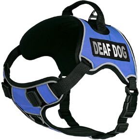 Dogline Quest No-Pull Dog Harness with Deaf Dog Reflective Removable Patches Reflective Soft Comfortable Dog Vest with Quick Release Dual Buckles Black Hardware and Handle 15 to 18 inches Blue
