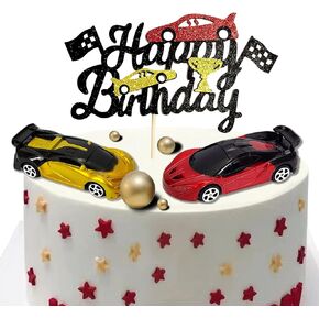 Cars Cake Topper Model Racing Car Chequered Flag Sports Themed Birthday Party Decor Supplies Decorations for Boys Kids