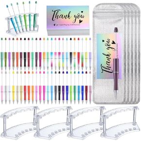 Lnrueg 150 PCS Beadable Pen Gifts Set, 48 PCS Plastic Beadable Pens, 50 PCS Resealable Pouch Bags, 48 PCS Thank You Cards, 4 PCS Plastic Pen Holders with 6 Slots