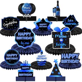 Happy Birthday Blue and Black Table Honeycomb Centerpieces Balloons Theme Decor Table Decorations Table Toppers for Girls Women Princess 16th 21st 30th 40th 50th 60th Birthday Party Supplies