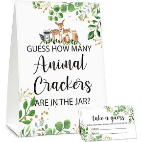 DETIHO Woodland Guess How Many Animal Crackers Are In The Jar Baby shower Game Cards,Jungle Safari Theme Baby Shower Games-1 Sign And 50 Cards- Baby shower Party Decoration Supplies-C09