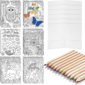 12 Pcs DIY Colouring Folders with 12 Pencils 6 Designs Paper White Folders with Pockets Gift Bulk for Back to School Office Birthday Creative Theme Parties Activities Supplies