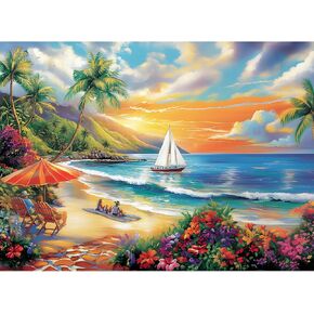 300 Pieces Puzzles for Adults, Summer Beach Jigsaw Puzzles 300 Pieces Puzzles for Adults Kids, Colorful Sunset Boat Jigsaw Puzzles, Birthday and Holiday Challenging Gift Toy 20.5x15 in