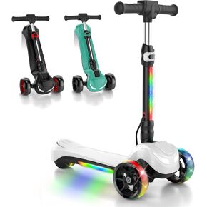 Electric Scooter for Kids Ages 3-12, 3-Wheel Electric Scooter, Electric Kick Scooter with 2 Speed, Long Battery Life, Bluetooth Music, Flashing LED Wheels, Adjustable Height, Gift for Boys/Girls