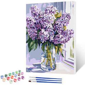 NAIMOER Paint by Numbers Kits for Adults Beginner with Wooden Framed, Blue Lilac Flowers Color by Numbers on Canvas Painting Kits for Adults, Easy Paint DIY Acrylic for Home Wall Decor 12X16 Inch
