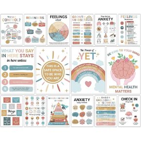 gisgfim 16PCS Mental Health Posters for Classroom Anxiety Therapy Growth Mindset Inspirational Posters Counseling Therapist Office Must Haves Feeling Wheel Poster Positive Quotes Wall School Decor