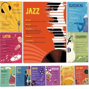 11 Pcs Music Education Wall Poster Classroom Music Chart Music Education Poster for School Music Genre Bulletin Board Music Teaching Poster Music Classroom Decoration for Middle High Home School