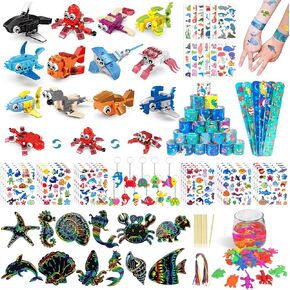 LINAYE 24 Packs Ocean Party Favors for Kids - 192 Pcs Under The Sea Party Favors with Marine Animals Building Blocks, Growing Toys, Tattoo Stickers Sheets, Slap Bracelets Goodie Bag Stuffers for Kids