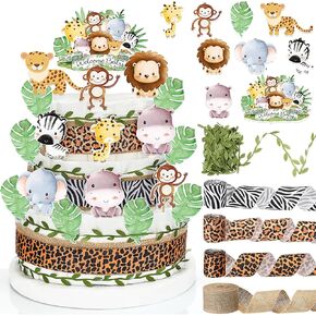 Safari Jungle Baby Shower Decor Diaper Cake Kit with Jungle Safari Animals Cutouts Burlap Leaf Ribbon Zebra Cheetah Print Ribbon for Wild One Baby Shower Gender Reveal