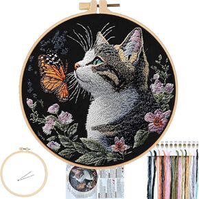 FONNUY Funny Cat Floral Embroidery Kit, Cross Stitch Kits for Beginners, Handmade Crafts with Printed Patterns for Beginner Adults, Easy to Follow Color Thread Needlework, 8'' Hoop (Spry Cat)