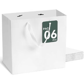 White Gift Bags With Handles 6 Pcs, 8x5x10 Inch Sturdy Kraft Paper Gift Bags, Bulk for Wedding, Party, Birthday, Business and Shopping, Medium Size