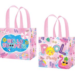 C L cooper life 12pcs Summer Pool Party Gift Treat Bags with Handles Pink Hello Summer Theme Non-Woven Bags for Girls Beach Pool Birthday Party Hawaii Luau Baby Shower Supplies