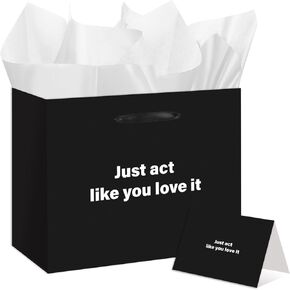 EIGHTSTATES Black Funny Gift Bag Set - Just Act Like You Love It Paper Gift Bags with Card & Tissue Paper - Funny Adult Gift Wrap for Men/Women - Valentine's, Christmas & Birthday, retirement party