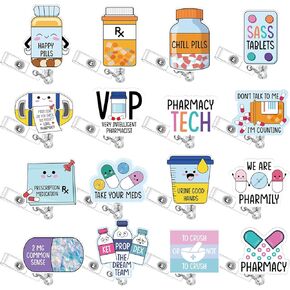 16 PCS Pharmacy Badge Reel Funny Pharmacy Technician Gifts Retractable Retractable Retractable Pharmacist Badge with Id Clip for Mursing Steper Doctor Assistant Assistant Work Supplies