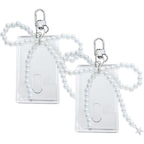 2 Sets Photocard Holder Keychain with Pearl Bow, Keychain Badge Holder Cute Photocard Holders, Lightweight Acrylic Bus Card Holders Badge ID Cards Kpop Accessories