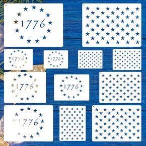 American Flag Stars Stencils – 12 Pcs Reusable 50 Star & 1776 13-Star Templates in 6 Sizes for Patriotic Crafts, Wood Painting, Fabric, Canvas, Wall