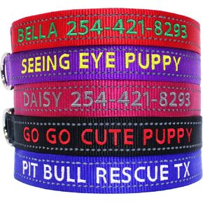 Go Go Cute Puppy- Reflective Personalized Dog Collars - Custom Embroidered Collar W/Pet Name and Phone Number - 4 Adjustable Sizes - 5 Bright Reflecting Colors for Boy and Girl Dogs