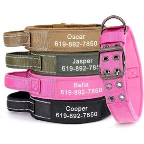 Pet Artist Personalized Tactical Dog Collar with Name and Number, Heavy Duty Reflective Thick Nylon Military Collar with Handle and Strong Metal Buckle for Medium Large Dogs,Pink,L