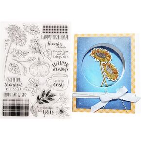 Arbuya Autumn Blessings Pumpkin Clear Stamps for Card Making or Journaling, Sunflower Fall Leaves Sentiment Thanks Rubber Stamps for Albums Journals Scrapbooking Paper Crafts Decoration-AT1895