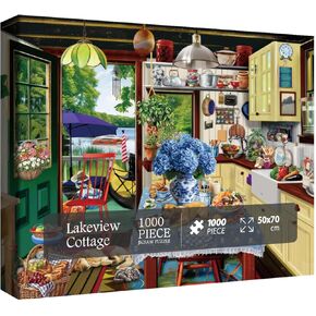 Cozy Lake Cottage Puzzle 1000 Pieces for Adults, Vintage Kitchen Cabin Jigasw Puzzles Scenic, Food Flower Plant Puzzle as Home Decor