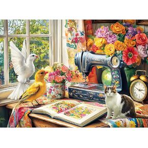 Puzzles 300 Pieces for Adults,Vintage Sewing Machine Cat Jigsaw Puzzle for Seniors Children, Large Piece Bird Vase Puzzle for Kids Age 8-10 10-12, Stitch Quilt Puzzles,Family Game Great Gift 20.5*15in