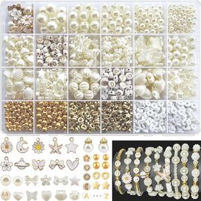 1680pcs Assorted Pearl Beads Bracelet Making Kit, Flower Bow Butterfly Star Heart Cly Bead Letter Gold Spacer Beads Kawaii Aesthetic Acrylic Cute Beads Charms for Jewelry Bracelet Making DIY Necklace