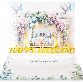 3D Pop Up Wedding Card with Music & Lights – Romantic Just Married Greeting Card with Car and Floral Arch – Unique Handmade Gift for Newlyweds, Anniversary, or Engagement