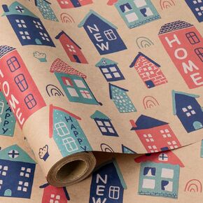 RUSPEPA Kraft Wrapping Paper Roll - Mini Roll - House Pattern Great for Housewarming, Party, Holiday and More - 17 Inches X 16.4 Feet